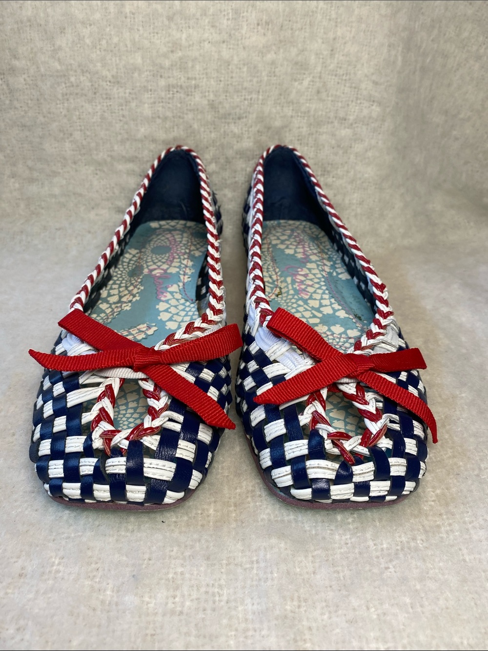 Irregular Choice Red, White, and Blue Leather Woven Ballet Flats with Bow Size 9